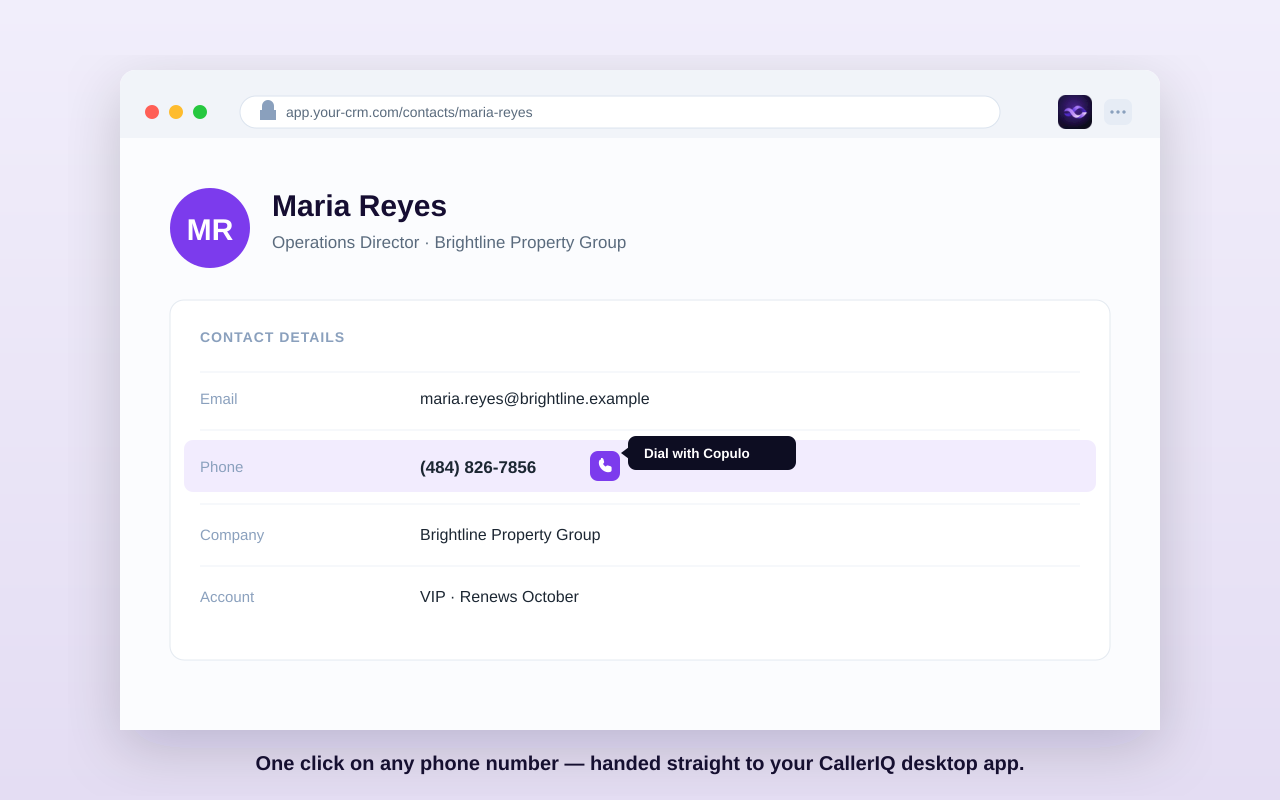 The Copulo dial icon sits next to a phone number on a contact page.
