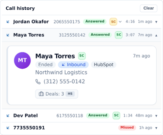 CallerIQ call history showing answered calls synced by SyncConnect, with the expanded call logged to HubSpot