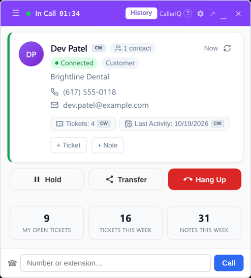 CallerIQ in-call card for a service team: caller, company, open tickets and last activity pulled from ConnectWise, with Ticket and Note actions
