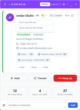 CallerIQ in-call card with SyncConnect options: Don't save this call, and Never save for this contact