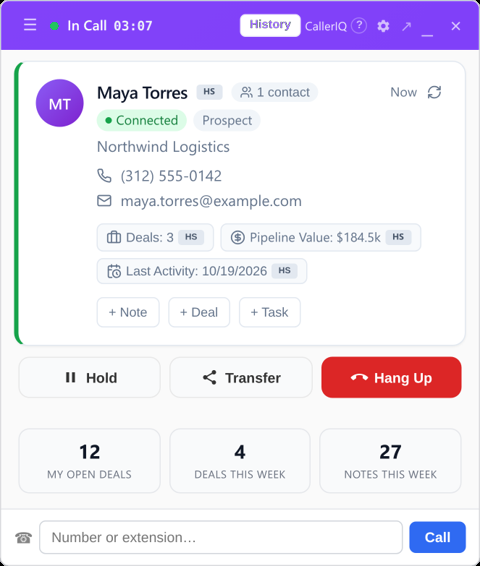 CallerIQ in-call card for a sales team: caller, company, open deals, pipeline value and last activity pulled from HubSpot, with Note, Deal and Task actions